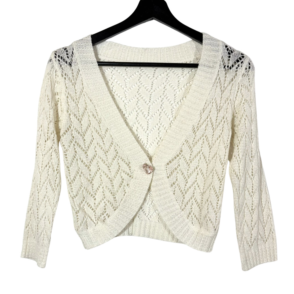 Cropped Sweater White Knit Cardigan 3/4 Sleeve Cropped Small Pink Heart Button